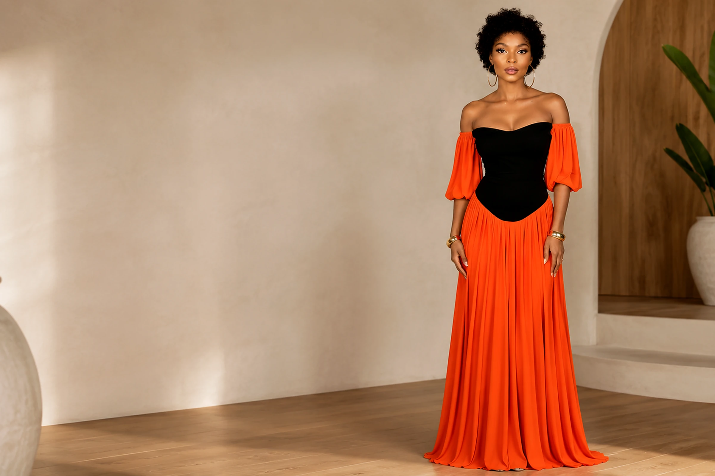Robe Éclat Orange Maison Typhen — élégance noire et orange portée par un modèle