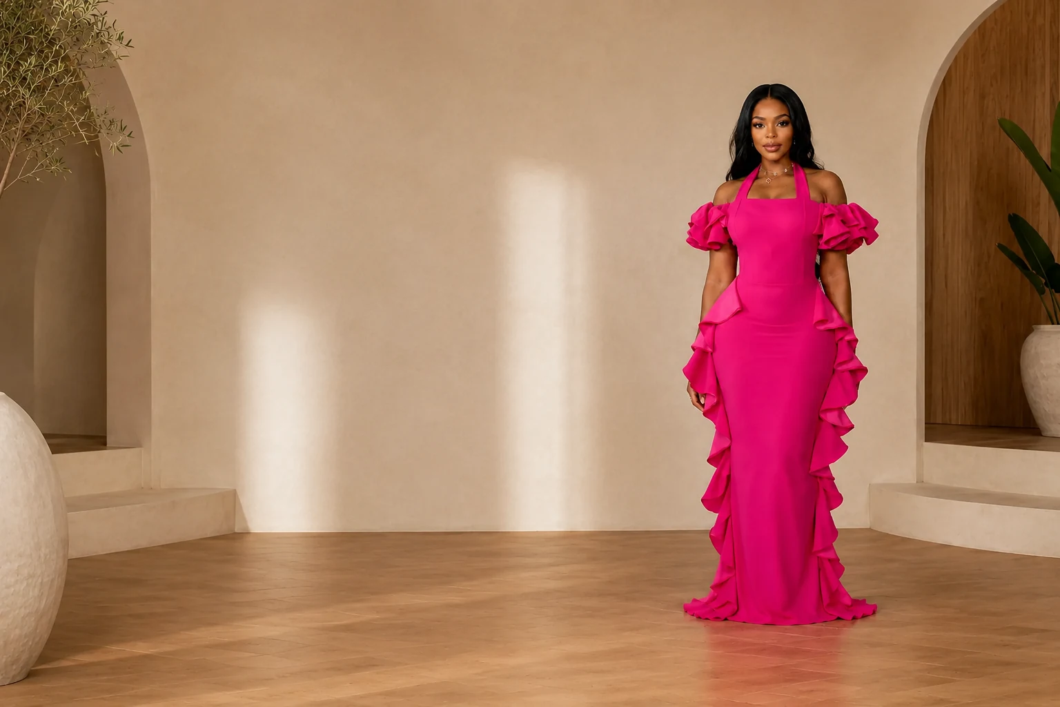 Robe Fuchsia Signature Maison Typhen — volants spectaculaires portés par un modèle