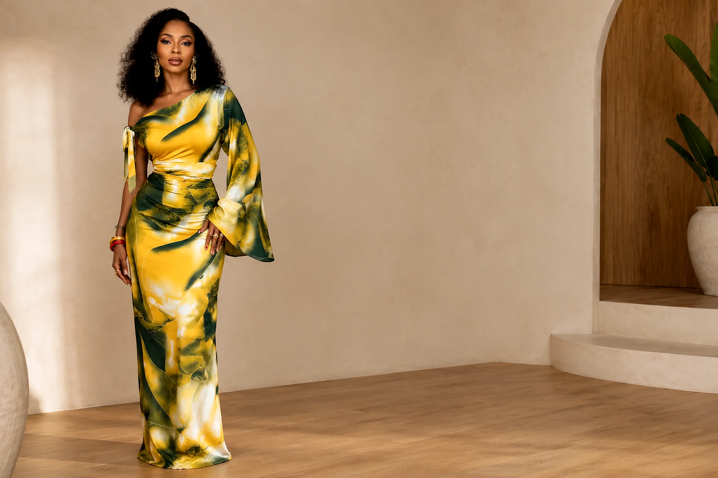 Robe Nuit Bohème Maison Typhen — bleu nuit aux épaules dégagées portée par un modèle